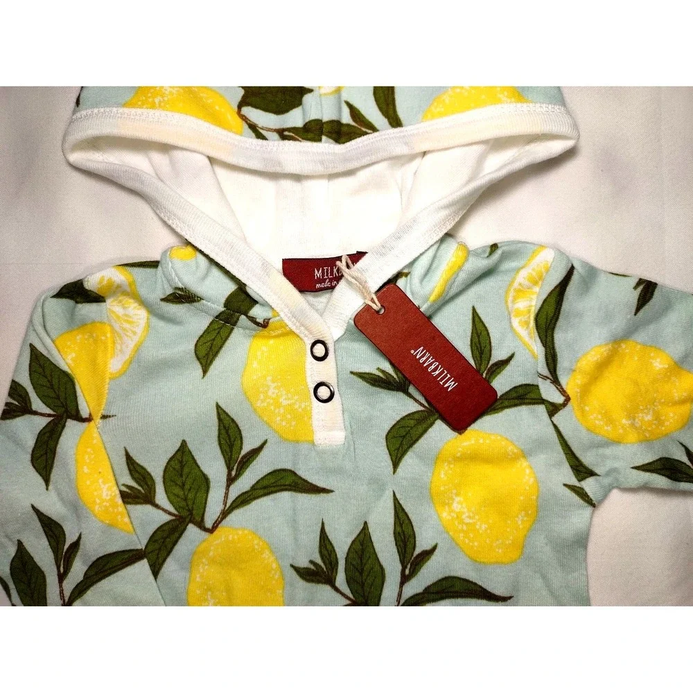 MilkBarn Lemon 3 6 Mos Organic Cotton Longall Outfit‎ Hooded Blue Green Jumpsuit